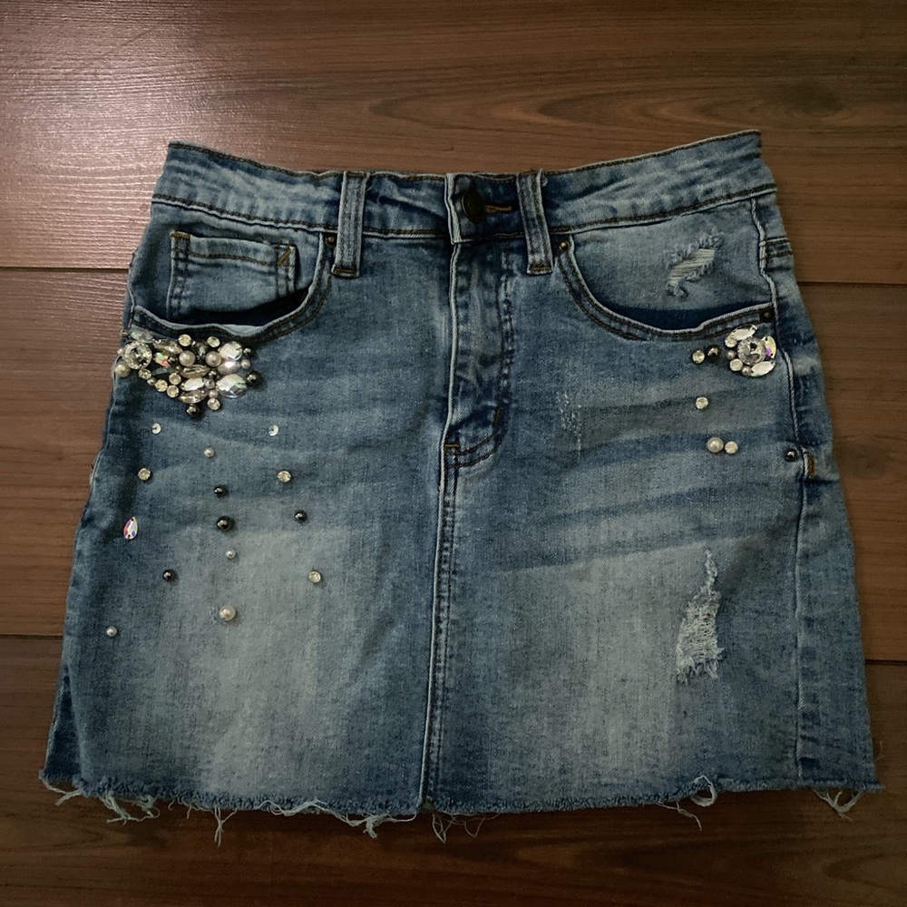 Denim rhinestoned mini skirt